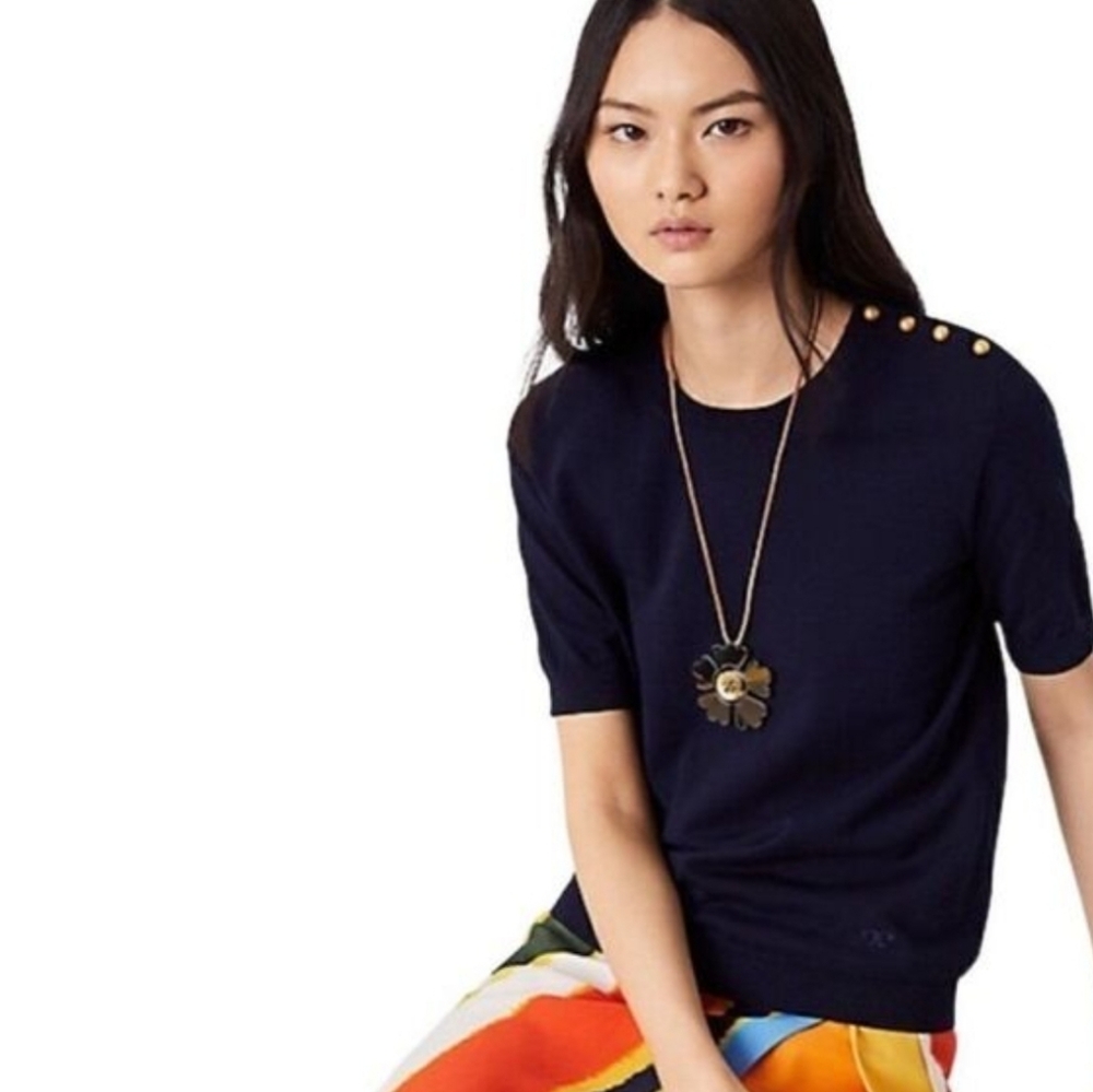 NWT Tory Burch Preston Sweater Navy blue Nautical‎ Button Detail Knit Top sz